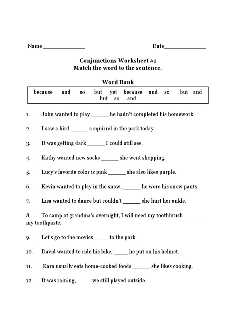 Conjunctions Worksheet 1 | PDF | Language Arts & Discipline