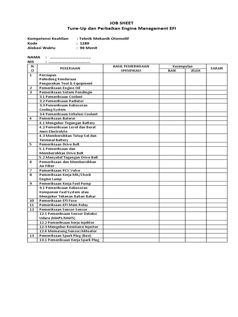 Job Sheet Tune-Up EFI Otomotif | PDF
