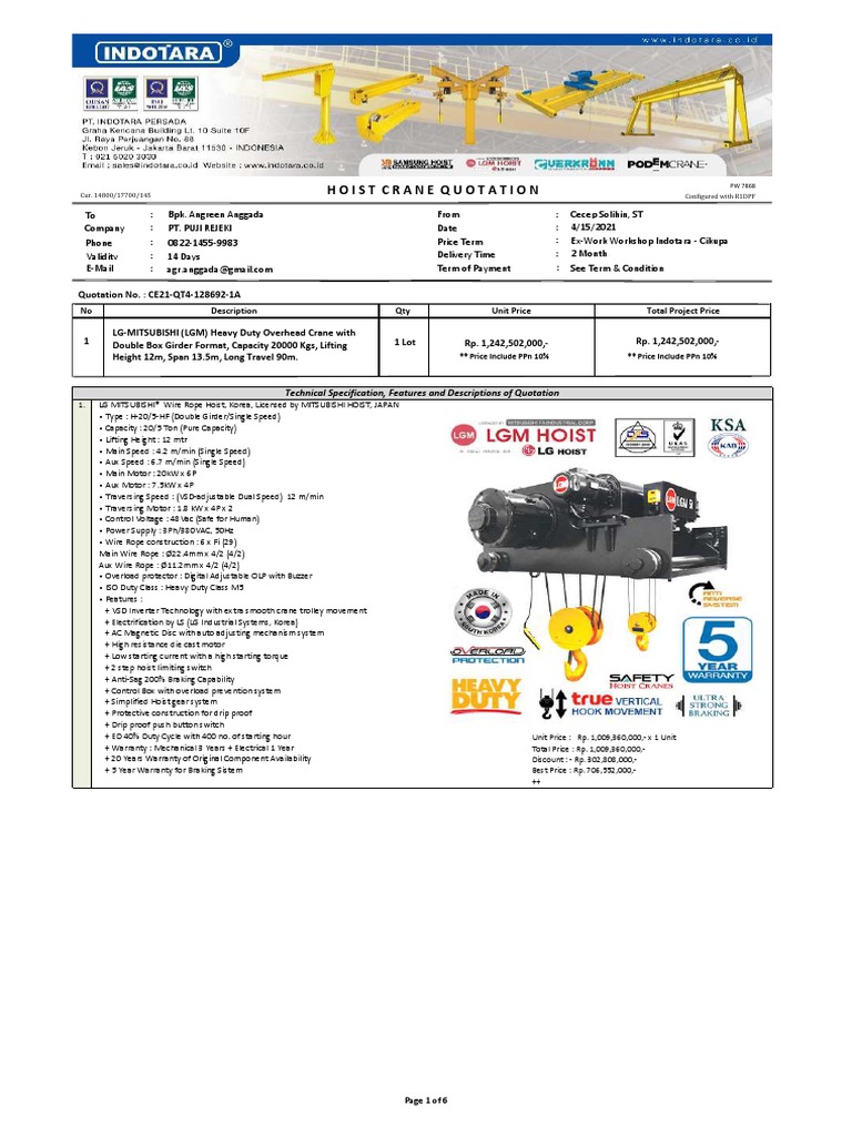 Hoistcrane Quotation Technical Specification, Features and Descriptions of Quotation PDF