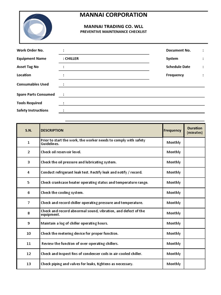 Chiller Checklist PDF Heat Exchanger Chemical Engineering