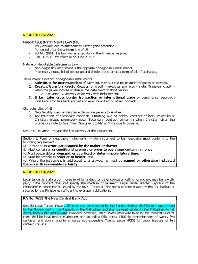 Analysis of Key Concepts Related to Negotiable Instruments Law in the