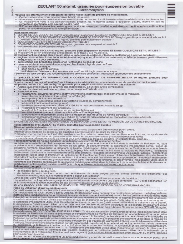 Notice Zeclar 250mg 5ml Grles. Susp. Buv. Fl. 60ml | PDF | Effet ...