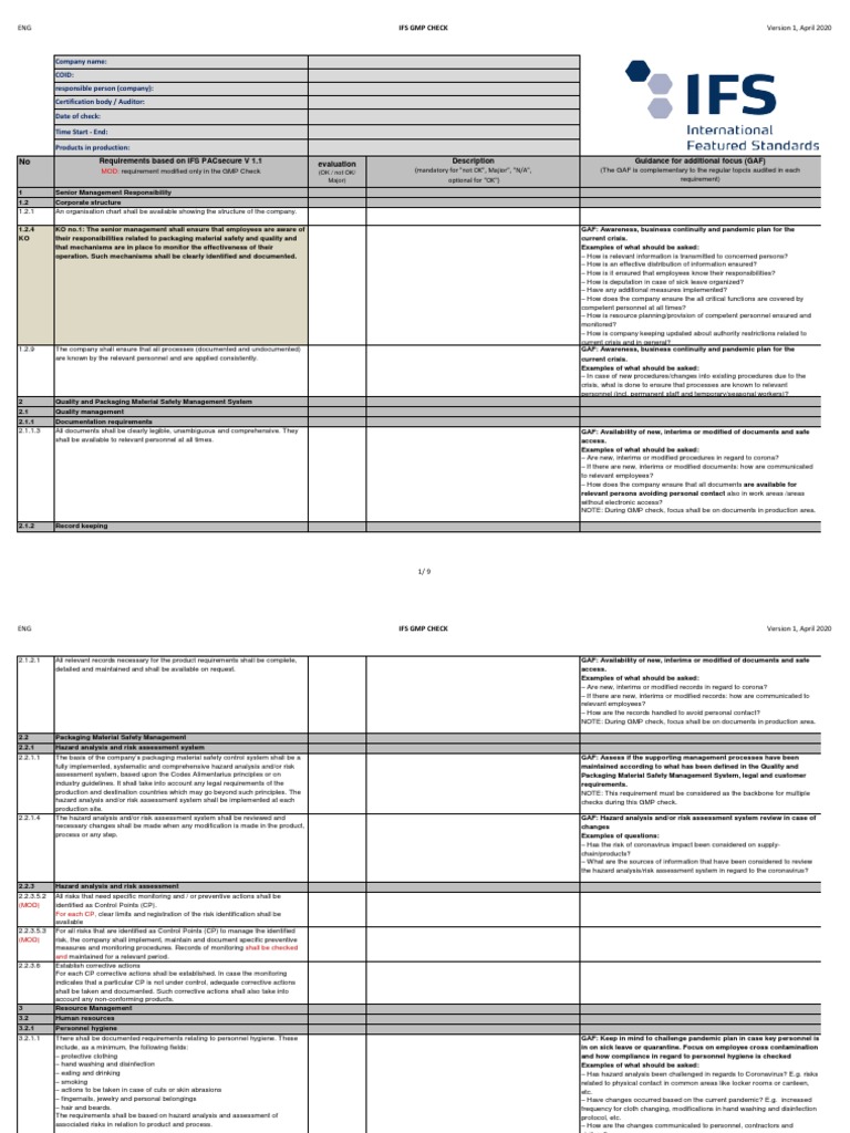 Ifs GMP Checklist Pac en | PDF | Hygiene | Risk Assessment