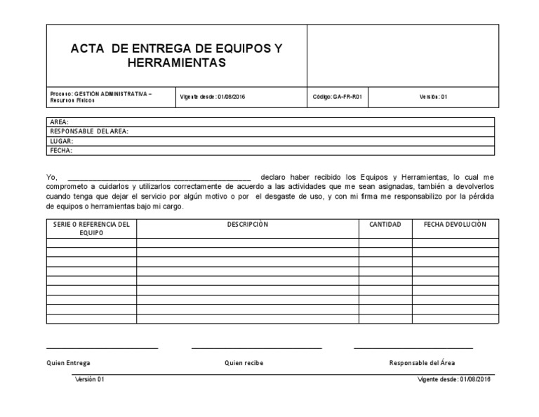 Acta de Entrega de Equipos y Herramientas | PDF