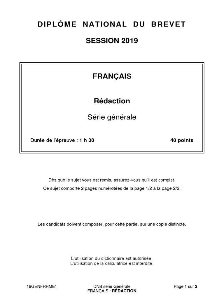 Sujet Brevet Français 2019 Pdf Corrigé Sujet de Français-Rédaction - Brevet 2019 - Série Générale | PDF