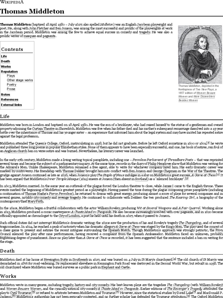 Thomas Middleton: Jacobean Playwright | PDF | Thomas Middleton | Early ...