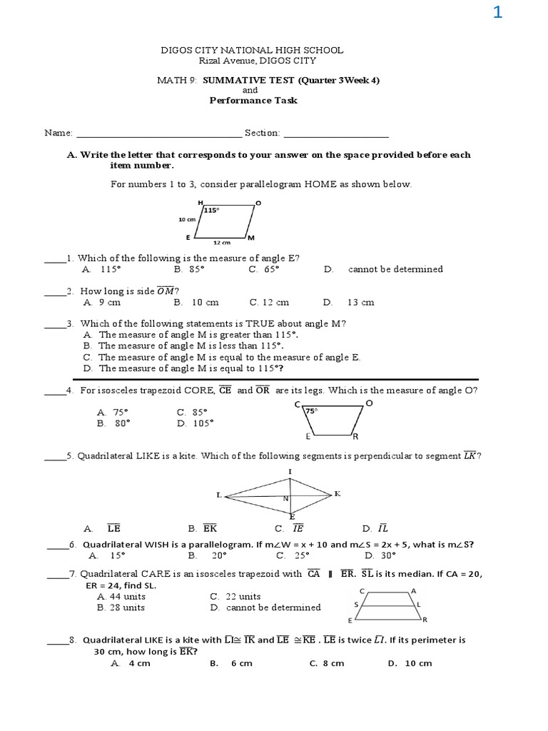 Math 9 Summative Test & Logo Task | PDF | Communication | Cognition