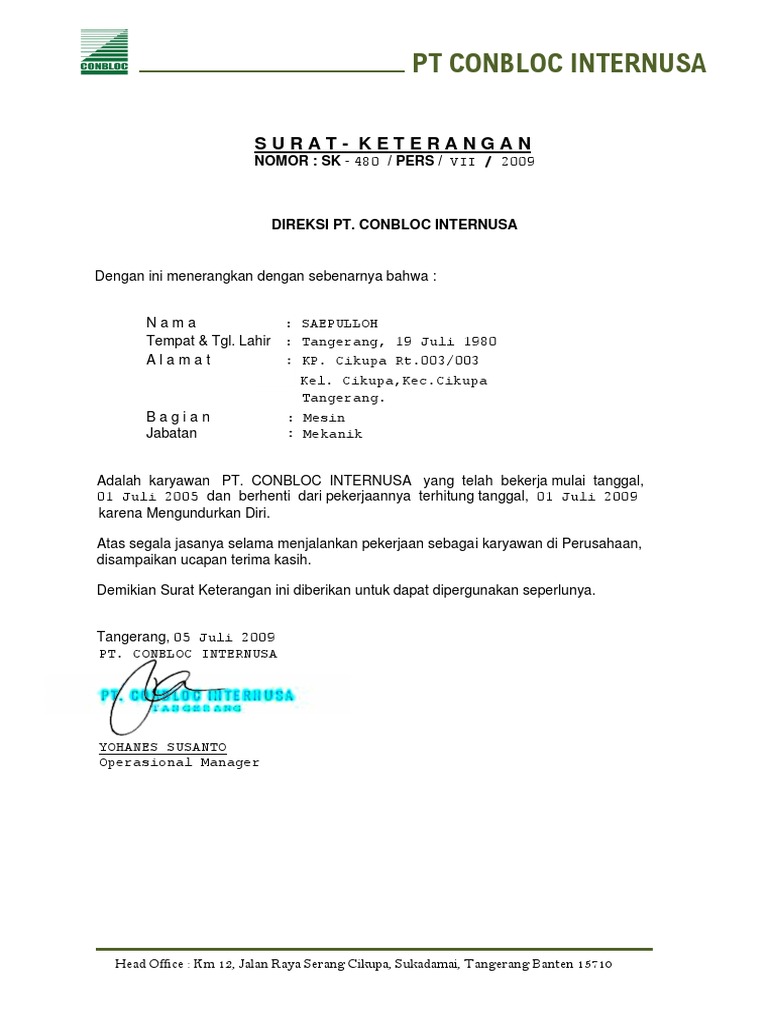 Surat Keterangan Karyawan Conbloc | PDF