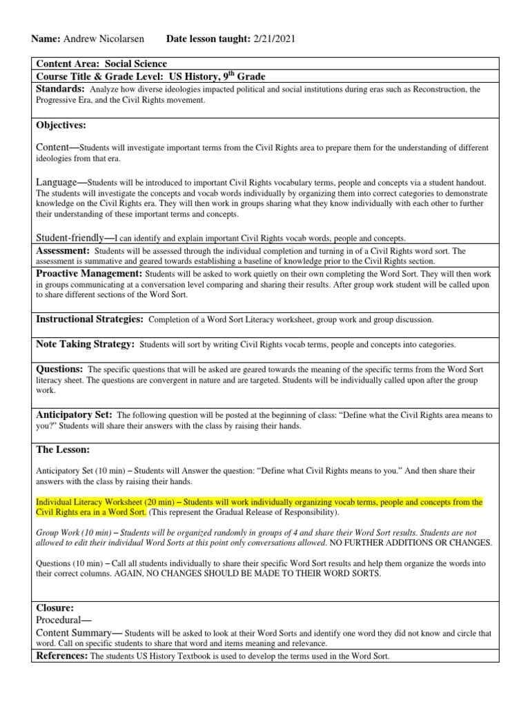 Lesson Plan - Civil Rights Word Sort | PDF | Vocabulary | Concept