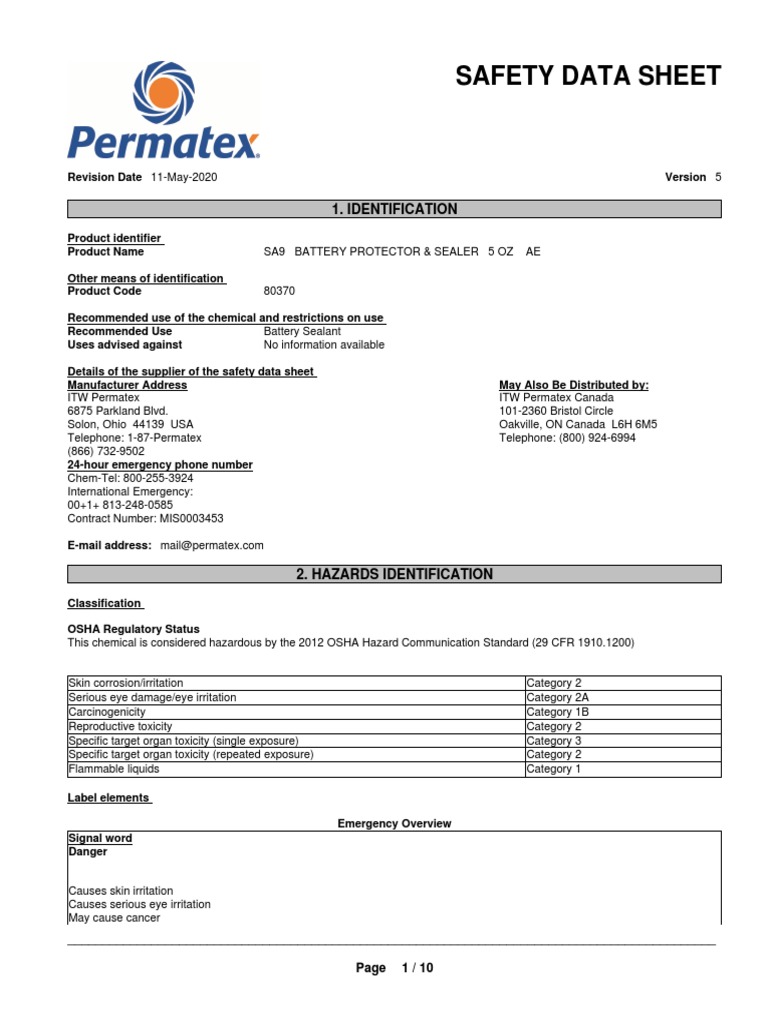 Permatex Battery Protector & Sealer SDS PDF Superfund Benzene