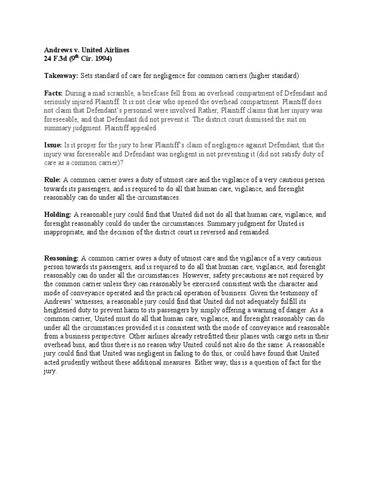 Andrews v. United Airlines PDF Negligence Legal Concepts