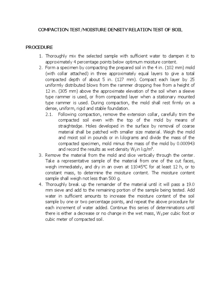 Compaction Test/Moisture Density Relation Test of Soil | PDF | Density ...