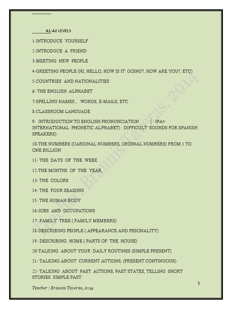 A1-A2 English Language Basics Guide | PDF | English Language | Question