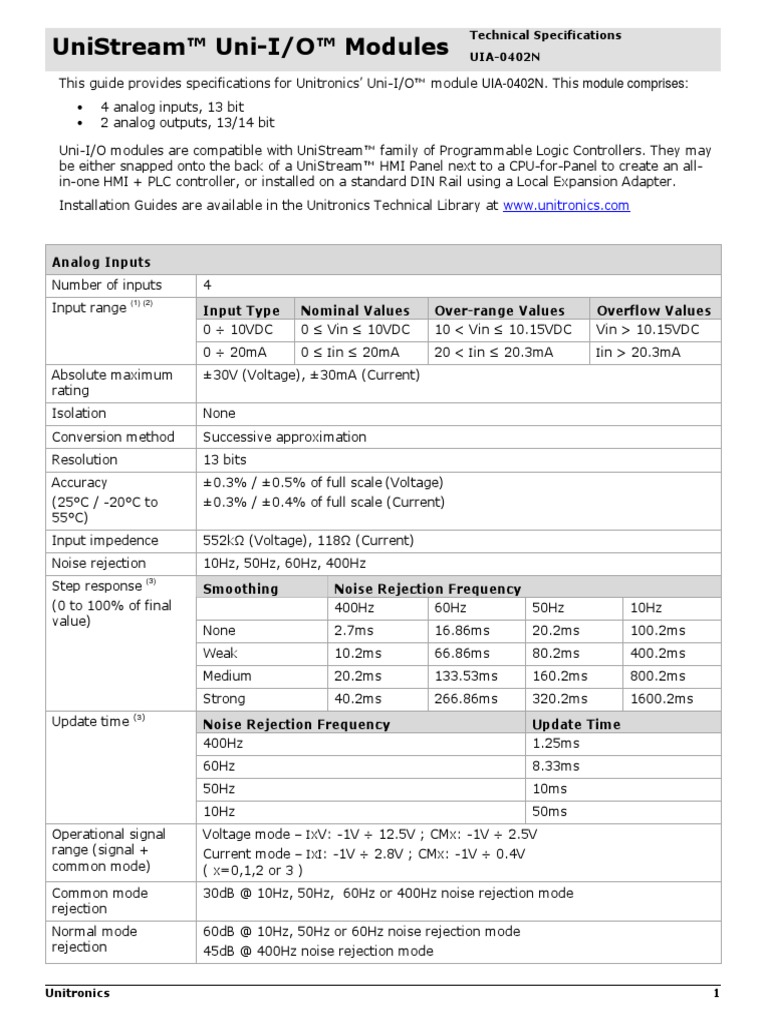 Unistream™ Uni-I/O™ Modules: Analog Inputs | PDF | Programmable Logic ...