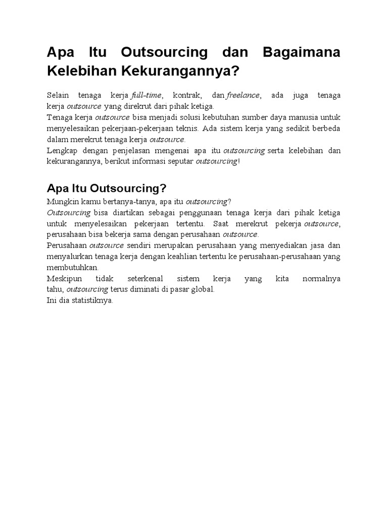 Apa Itu Outsourcing Dan Bagaimana Kelebihan Kekurangannya PDF