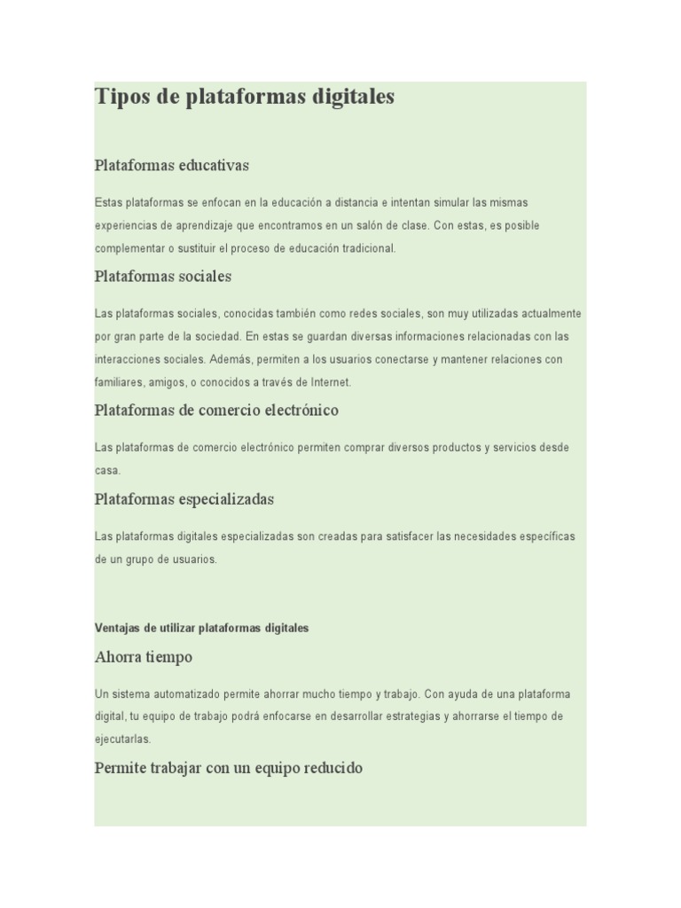 Tipos de plataformas digitales y ventajas | PDF