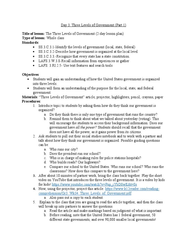 Title of Lesson: The Three Levels of Government (2-Day Lesson Plan ...