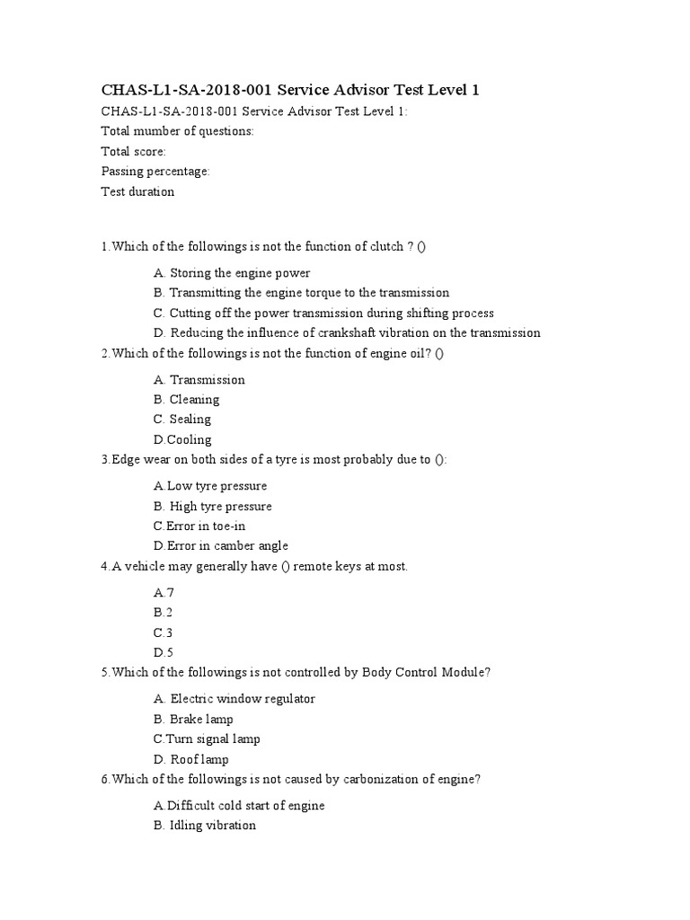 Service Advisor Level 1 Assessment Test | PDF | Transmission (Mechanics ...