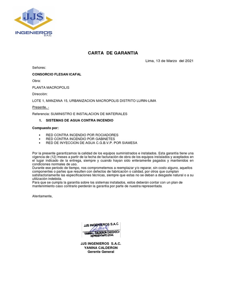 Carta de Garantía de Instalación 12 Meses | PDF