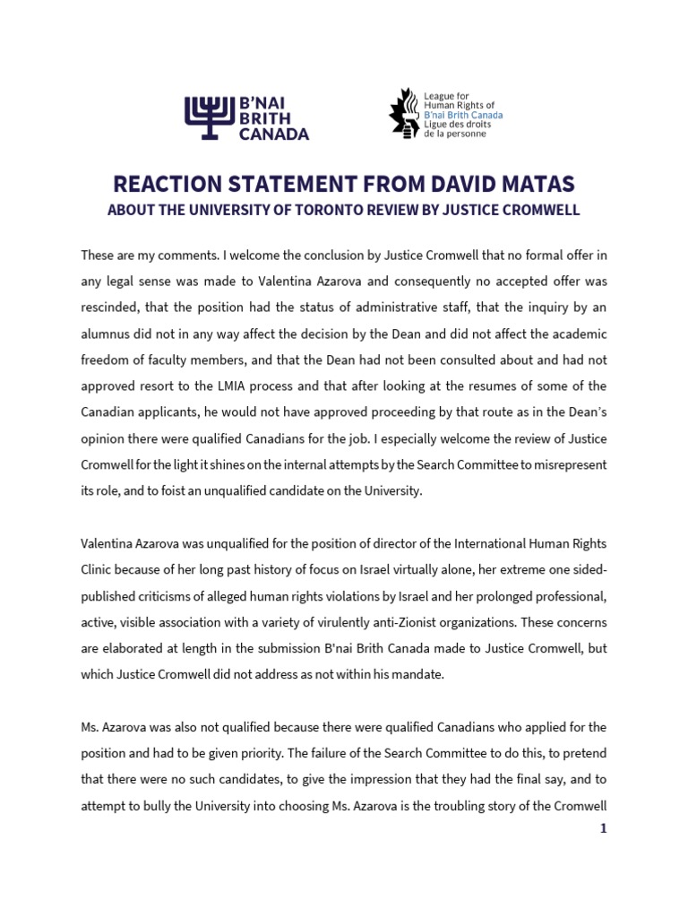 Reaction Statement From David Matas About The University of Toronto ...