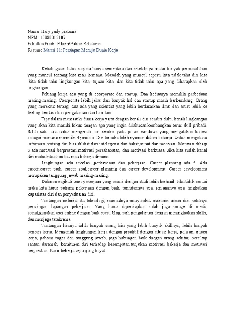 Persiapan Menuju Dunia Kerja Pdf