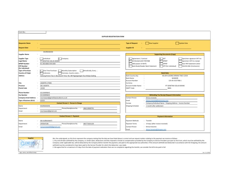 Supplier Registration Form Template | PDF | Payments | Taxes