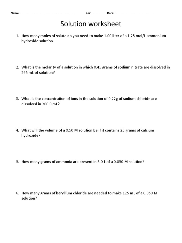 Solution Worksheet: Name: - Per: - Date | PDF