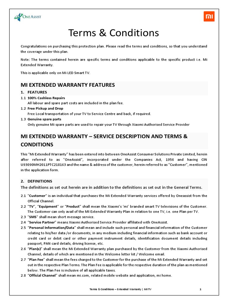 Terms &amp; Conditions: Mi Extended Warranty Features | PDF | Xiaomi 