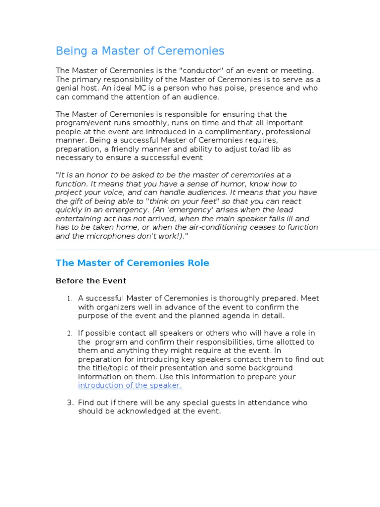 Master Of Ceremonies Job Description The Best Master Of Ceremony Text