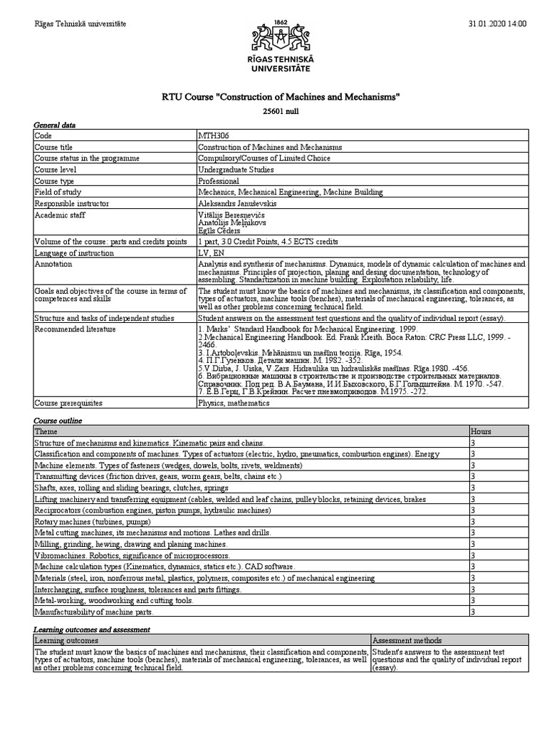 RTU Course "Construction of Machines and Mechanisms" PDF Machines
