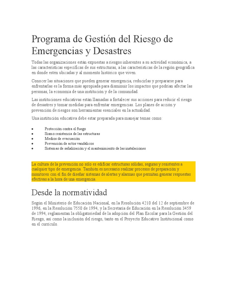 Programa de Gestión Del Riesgo de Emergencias y Desastres | PDF ...