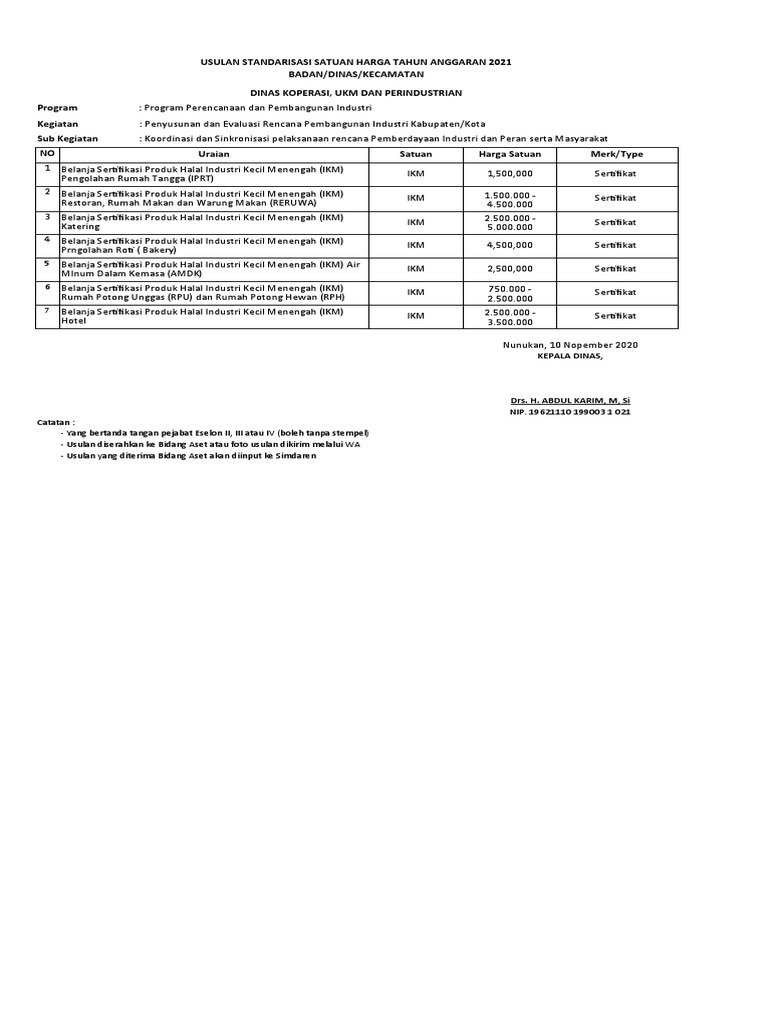 Format Usulan SSH Sertifikasi Halal | PDF
