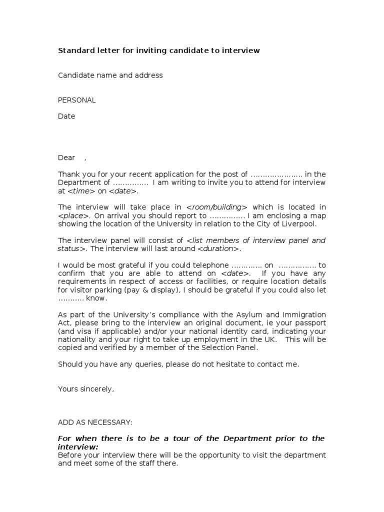 Standard letter for inviting candidate to interview status>. The