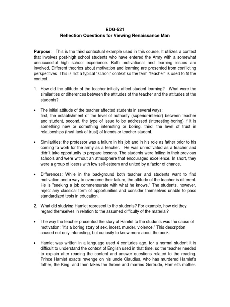 EDG-521 Reflection Questions For Viewing Renaissance Man | PDF | Hamlet ...
