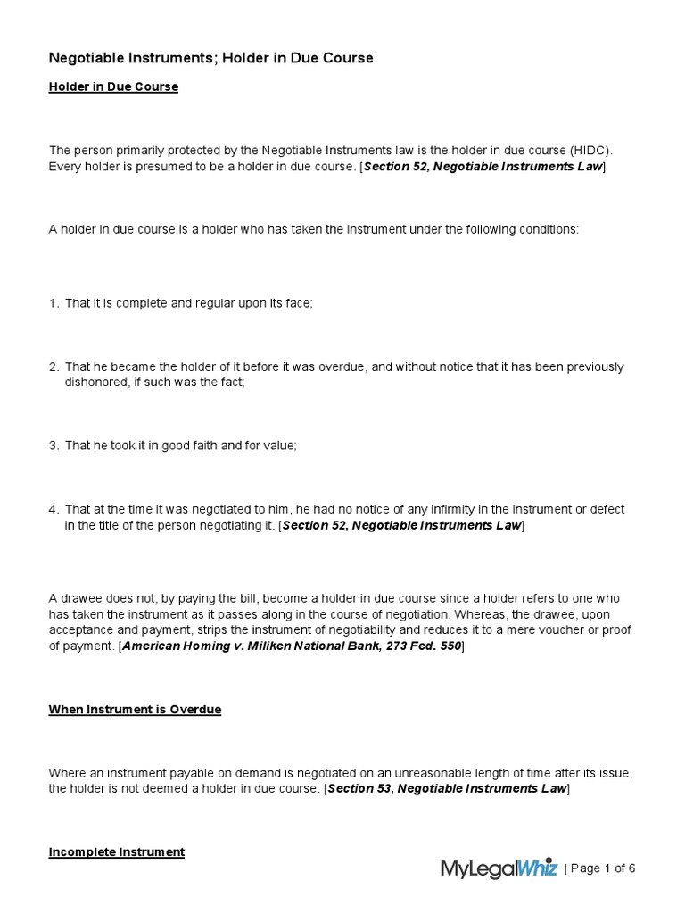 Negotiable Instruments Holder in Due Course PDF Negotiable Instrument Civil Law (Legal System)