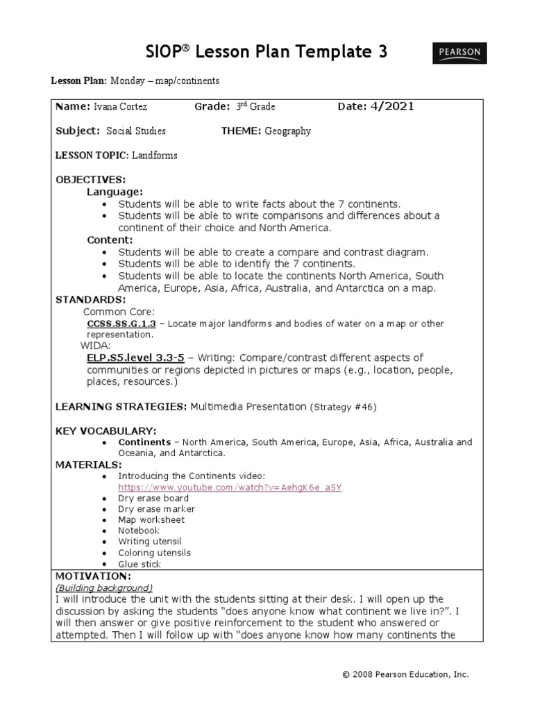 Siop Lesson Plan Template 3 Ivana Cortez 3 Grade Social Studies