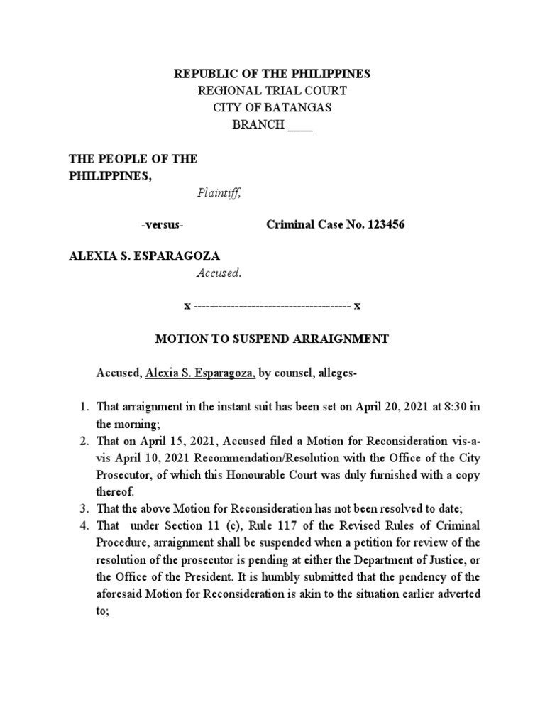 Motion to Suspend Arraignment in Esparagoza Case | PDF | Arraignment ...