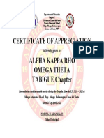 Certificate of Appreciation Alpha Kappa Rho Omega Theta TABIGUE Chapter