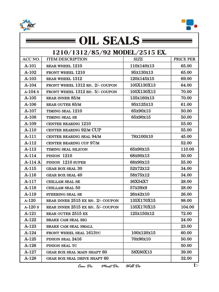 Oil Seal Price List and Specifications | PDF | Steering | Vehicle ...
