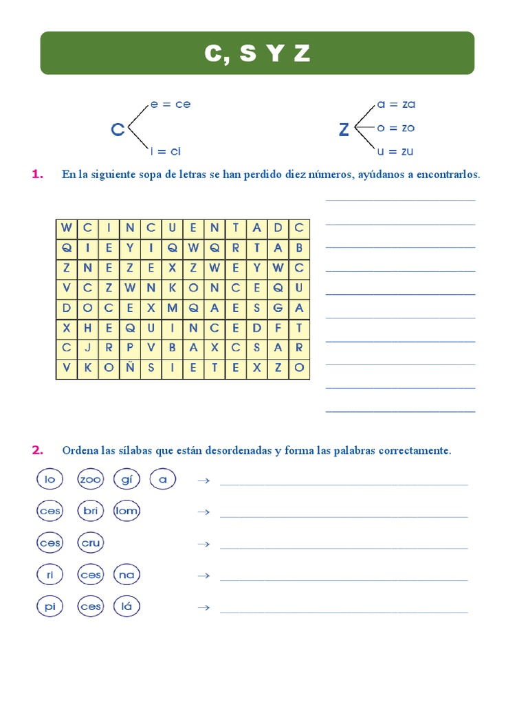 Actividades de C, S y Z para Niños | PDF | Estudios de idiomas ...