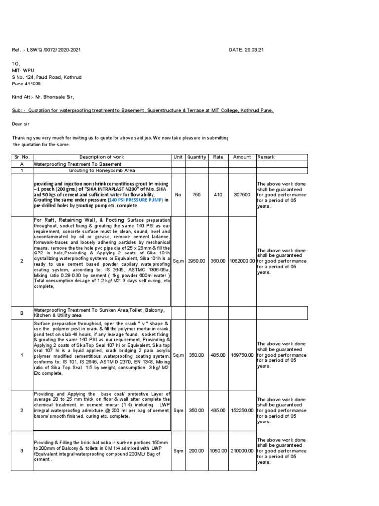 Waterproofing Quotation for MIT College | PDF | Mortar (Masonry ...