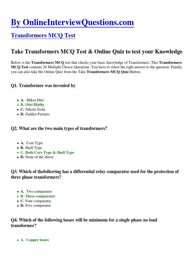 Take Transformers Mcq Test Online Quiz To Test Your Knowledge Pdf