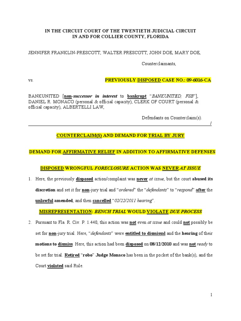 Florida Bar Complaint Counterclaim and Demand for Trial by Jury Jury