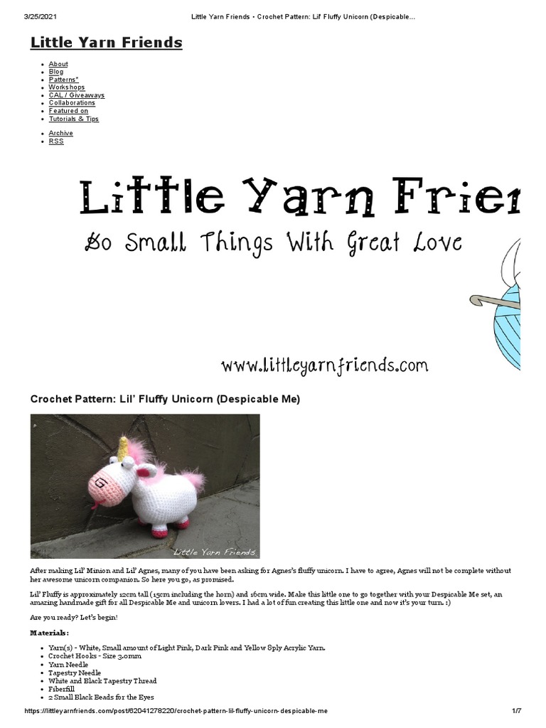 Little Yarn Friends - Crochet Pattern - Lil' Fluffy Unicorn (Despicable.. |  PDF | Crochet | Sewing, image size:768x1024