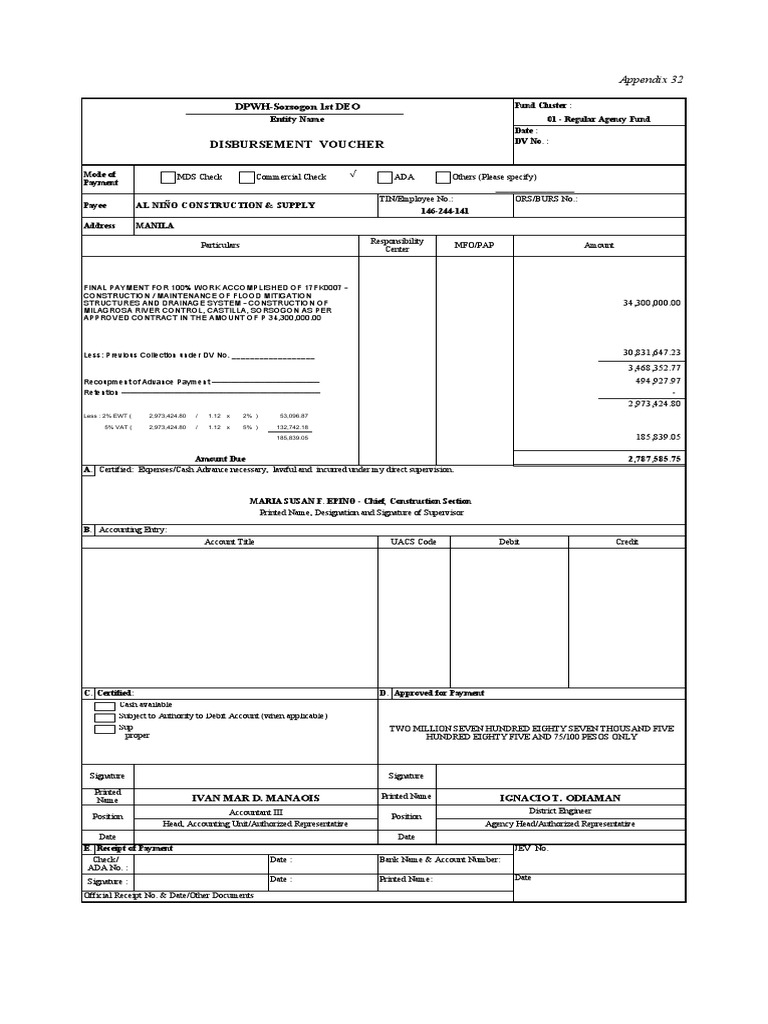 Disbursement Voucher: DPWH-Sorsogon 1st DEO | PDF | Cheque | Payments