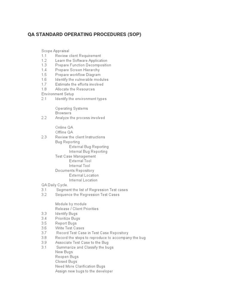 QA Standard Operating Procedures | PDF | Software Bug | Software ...