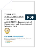 Vishal Soni 1 Year, Section: C ROLL NO.:184 ASSIGNMENT: Fundamentals of Management and Organisational Behaviour CC-1