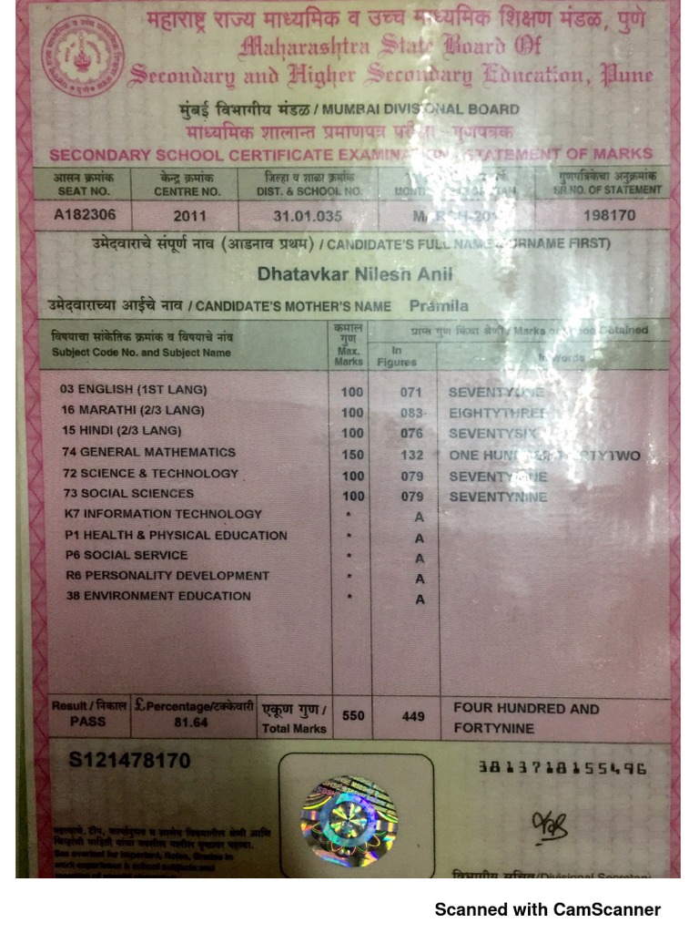SSC Marksheet | PDF