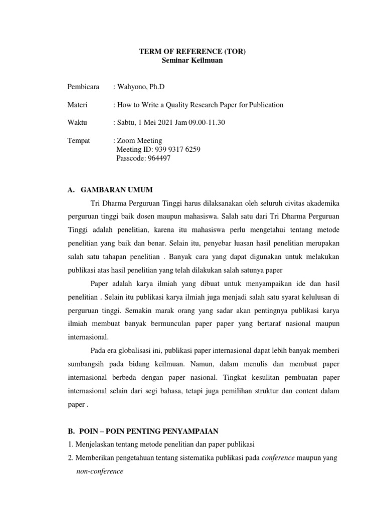 Term Of Reference Tor Seminar Keilmuan Pdf
