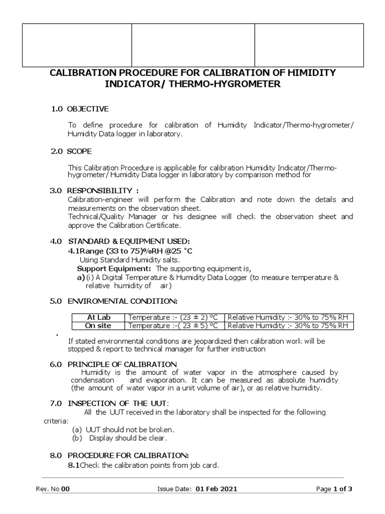 Calibration Procedure For Calibration of Himidity Indicator/ Thermo